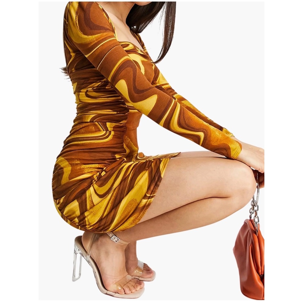 ASOS DESIGN Petite Brown Yellow Marble Swirl Ruched Square Neck Mini Dress 6